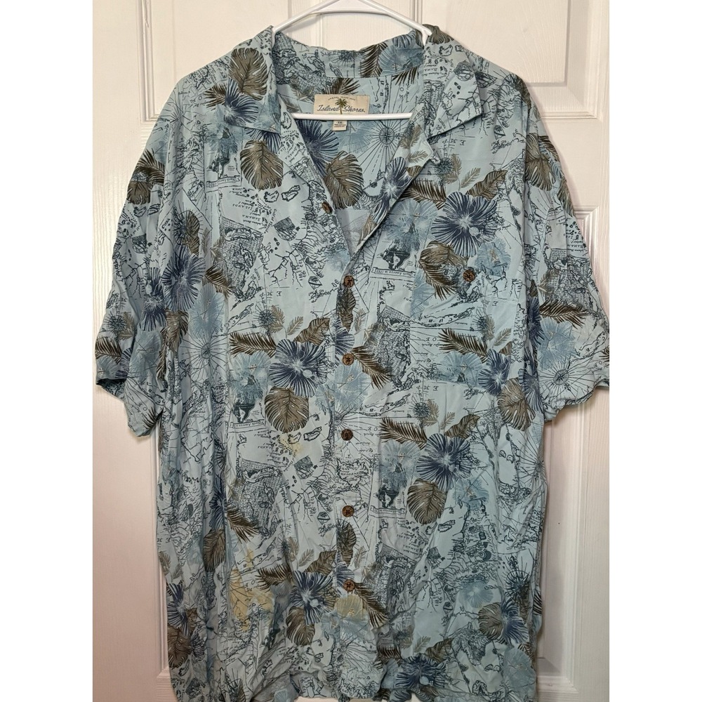 Island Shores Men's XXL  Hawaiian Shirt Washable Palm  Silk Feel Blue